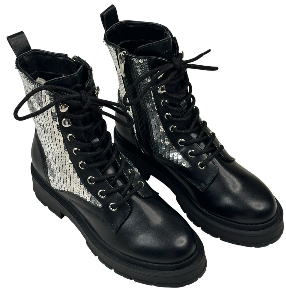 Nine West Hediy Black Silver Sequin Lace Up Combat Boots Womens Size 7M New $129